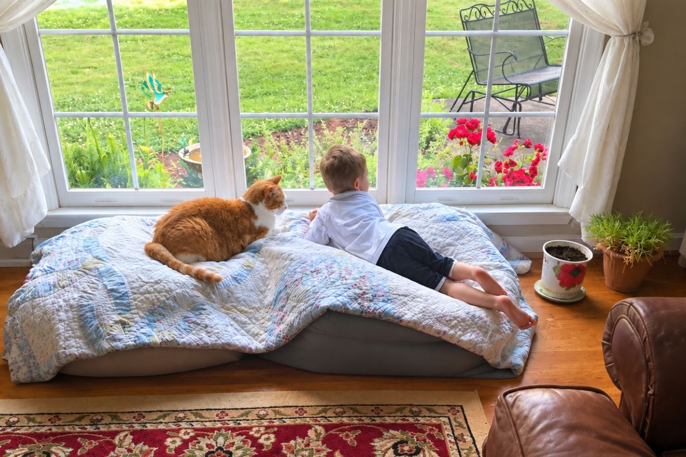 A child lying on a patterned bed by a window with a small orange and white cat beside them, looking out at a green lawn and flowers